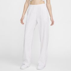 Grounded in style, comfort and versatility, meet our take on luxury loungewear. As temps start rising, swap out your fleecy sweats for this lightweight pair designed to help keep you comfortable in warmer weather. With seams in the front, the straight-leg design gives you an elevated version of a staple. White Wide Leg Gym Bottoms, White Wide-leg Gym Bottoms, White Full Length Sweatpants For Sports, Nike Sportswear For Lounging, Comfortable Full-length Sweatpants For Gym, White Sportswear Pants With Comfort Waistband, Comfortable Full-length Gym Sweatpants, Comfortable Full Length Sweatpants For Gym, White Pants With Comfort Waistband For Sportswear