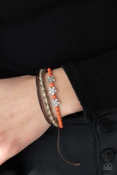 Raffia Remix Orange Wood and Silver Flower Urban Sliding Knot Bracelet - Paparazzi Accessories Sliding Knot Bracelet, Live Text, Flowers Stand, Adjustable Sliding Knot, Sliding Knot Closure, Orange Bracelet, Orange Wood, Knot Bracelet, Sliding Knot