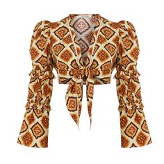 Long Sleeve Crop Top With Puff Sleeves And Ruched Shoulders. Front Tie Closure.Bohemian Print In Brown And Yellows. Excellent Used Condition. Looks Unworn. Bohemian: Traditional Silhouettes With Sun Scorched Hues From The Past Warm Our Hearts In The Present. Forms That Represent Power And Femininity Meet Warm Colors. Spring / Summer Collections Bloom As Complementing Kimonos Offer An Update To Your Personal Style. 50% Rayon 45% Viscose 5% Silk Machine Wash Cold; Do Not Tumble Dry; Iron Low; Dry Chic Yellow V-neck Crop Top, Fitted Yellow Printed Tops, Chic Printed Yellow Tops, Chic Yellow Printed Top, Brown Bohemian Crop Top For Spring, Bohemian Brown Crop Top For Spring, Yellow Printed Tops For Festival, Yellow Printed Festival Tops, Chic Yellow Cropped Tops