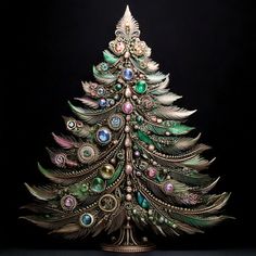 a christmas tree made out of metal and colored stones on a black background with the shape of a peacock's tail