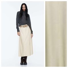 Nwt. Zara Beige Faux Leather Belted Midi Skirt With A High Waist. A-Line Silhouette. Side Hidden In-Seam Zip Closure. Size Xs. Ref. 9160/872. Waist 13" Flat, Length 34". Bs Belted Midi Skirt, Zara Skirts, Faux Leather Belts, Women Skirts Midi, Leather Belt, Midi Skirt, Womens Skirt, High Waist, A Line