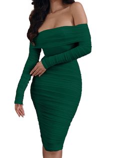 Material:Polyester & Spandex. Features:Off-shoulder. long sleeves. solid color. zipper. ruched. bodycon midi dress.Style:Party Floral Dress Formal, Lace Formal Dress, Split Maxi Dress, Clubwear Dresses, Bodycon Midi Dress, Style Party, Lace Dress Long, Long Sleeve Lace Dress, Green Midi Dress