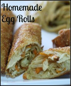 homemade egg rolls cut in half and stacked on top of each other with text overlay