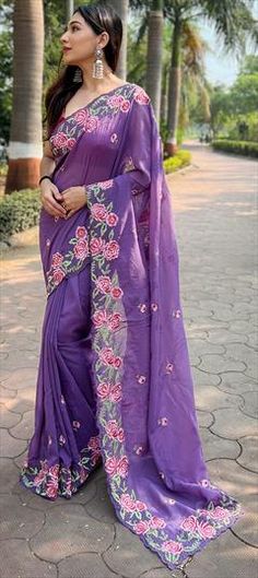 Purple and Violet color Saree in Organza Silk fabric with Embroidered, Resham, Thread work Purple Dori Work Saree For Celebration, Embroidered Purple Georgette Blouse Piece, Purple Embroidered Georgette Blouse Piece, Purple Saree With Dori Work For Celebration, Purple Floral Embroidered Georgette Traditional Wear, Purple Embroidered Fabric Saree For Celebration, Purple Georgette Embroidered Fabric For Festivals, Purple Semi-stitched Saree With Floral Embroidery, Purple Embroidered Georgette Fabric For Festivals