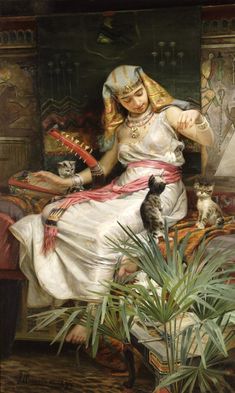 a painting of a woman sitting next to a cat