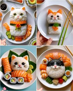 there are four pictures of sushi with cats on them, one is in the shape of a cat