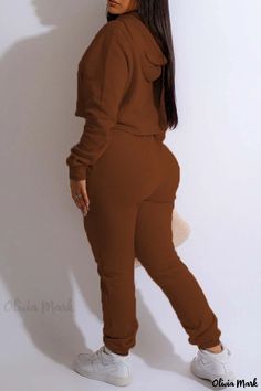 Olivia Mark - Classic Long Sleeve Two-Piece Set for Women: Black Solid Color with Hooded Collar Casual Hooded Jumpsuits For Fall, Casual Fitted Brown Hoodie, Brown Fitted Casual Hoodie, Casual Hooded Jumpsuits For Winter, Casual Hooded Jumpsuits And Rompers For Winter, Casual Long Sleeve Solid Jumpsuits And Rompers, Casual Solid Long Sleeve Jumpsuits And Rompers, Matching Sweatshirts, Sweatshirt Set