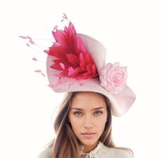 Candy Hot Fuchsia Pink Fascinator Hat Statement Hatinator Womens Kentucky Derby Hats Wedding Royal Ascot Fascinator Headpiece Ladies Day  Hats By Cressida Kentucky Derby & Ascot Fascinator Hats Elsje Kentucky Derby Fascinator Free form candy pink base trimmed with a large spray of Hot Pink Fuchsia feathers and a silk rose Base measures 14 inches wide This Hot Pink headpiece is mounted with a matching headband. If you prefer a headband to match your hair, please make a note at check out what colo Pink Fascinator For Church And Royal Ascot, Pink Fascinator For Church At Royal Ascot, Pink Brimmed Costume Hats For Party, Pink Headpiece For Church At Kentucky Derby, Pink Headpiece For Summer Church Events, Pink Hat For Church, Pink Headpiece For Church In Summer, Pink Headpieces For Church In Summer, Pink Summer Headpiece For Church