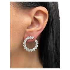 Crescent motif diamond hoop earrings featuring 34 Cushion cuts weighing 6.68 carats, in 18 karat white gold. Average 0.20 Carats Color G-H Clarity VS1-VS2 Cushion Cut Diamond, Earrings Design, Cushion Cut Diamonds, Diamond Hoop Earrings, Jewelry Earrings Hoops, Cushion Cut, Designer Earrings, Crescent, Diamond Jewelry