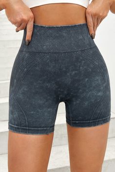 Black Vintage Wash Patterned High Waist Athleisure Shorts High Waist Black Moisture-wicking Bottoms, High Waist Black Bottoms With Moisture-wicking, High Waist Moisture-wicking Black Bottoms, High Rise Black Athleisure Bottoms, Black High Rise Athleisure Bottoms, Black Athleisure Gym Bottoms, Casual Gym Hip-length Shorts, Sporty High Rise Black Bottoms, Black High Waist Athleisure Athletic Shorts