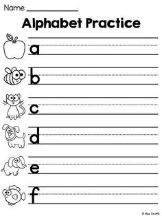 an alphabet practice sheet with animals and letters