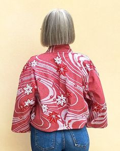 Buy Crop Kimono Jacket With Red and White Flowers Online in India - Etsy Recycled Kimono, Upcycled Jackets, Red And White Flowers, Blue Kimono, Shrugs And Boleros, Jacket Fits, Open Front Jacket, Flowers Online, Vintage Kimono