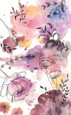 watercolor painting with flowers and leaves on it