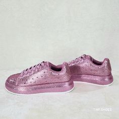 Brand New Beautiful Metallic Pink Upper And Platform Covered With Rhinestones Cushy Raised Foot-Bed Dazzle Night Or Day In Comfort. Designed By Berness Runs Tts Party Sneakers With Rhinestone Rivets And Round Toe, Party Sneakers With Rhinestone Rivets, Pink Embellished Sneakers For Party, Pink Rhinestones Sneakers In Synthetic, Pink Rhinestone Party Sneakers, Bedazzled Synthetic Sneakers With Round Toe, Pink Embellished Sneakers With Round Toe, Pink Bling Low-top Sneakers, Pink Low-top Bling Sneakers