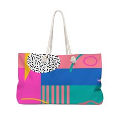 80's Memphis Design Print Summer Tote Bag Trendy Weekend Tote Duffle Bag, Multicolor Shoulder Bag For Weekend, Trendy Beach Bag For Vacation Weekend, Trendy Bags For Weekend Beach Season, Trendy Weekend Beach Bag, Trendy Beach Weekend Bags, Trendy Beach Season Weekend Bags, Large Capacity Beach Bag For Weekend Vacation, Multicolor Large Capacity Bags For Weekend