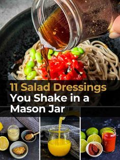 the ingredients for salad dressings are being poured into mason jars and placed on top of each other