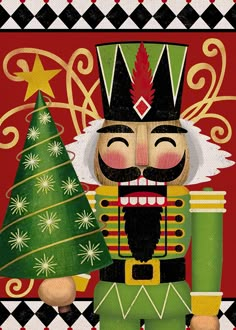 a nutcracker is holding a christmas tree in front of a red and black checkered background