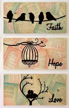 three birds sitting on top of an open book with the words faith, hope and love