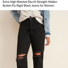 Nwt!!! Size 10p Old Navy Button Fly, Extra High Waisted Straight Black Denim With Rips At The Knee. Very On Trend With A Looser Fit That Hits At The Ankle. Runs 1-2 Sizes Small! Says Petite, But Could Easily Fit Normal Length As Well - 26.5 Inseam. Old Navy Jeans, Colored Denim, Black Denim, Old Navy, Women Jeans, Loose Fitting, High Waisted, Navy, Black