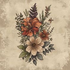 a drawing of flowers and leaves on a beige background