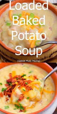 loaded baked potato soup in an orange bowl