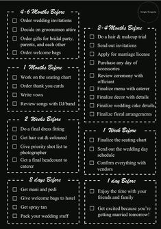 a black and white wedding checklist is shown