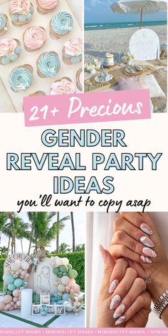 some pictures with pink, blue and white decorations on them that say gender reveal party ideas you'll want to copy asp