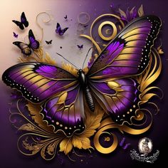 a purple and gold butterfly with swirls on it's wings