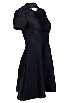 Need a new dress for every occasion? This rippled fit & flare from Shoshanna is perfect for where ever you're going. Made with comfortable material and featuring a cutout design around the neckline, this is something you'll want to wear every day. Size 2 85% Micropolyester, 15% Spandex Fit and flare silhouette Short sleeved High neckline with cutout detailing Ripple texture fabric Fully lined interior Waist 27" Bust 30" Total length 35" Solid Fit And Flare Dress For Night Out, Fit And Flare Dress For Night Out, Flattering Black A-line Dress, Party Fit And Flare Midi Dress With Flattering Cut, Black Dress With Flattering Cut, Black Dresses With Flattering Cut, Black Stretch Pleated Mini Dress, Chic Black A-line Dress, Spring Dresses With Flattering Cut For Night Out