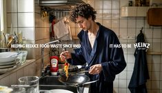 a man standing in a kitchen preparing food on top of a frying pan with the words helping reduce food waste since 808