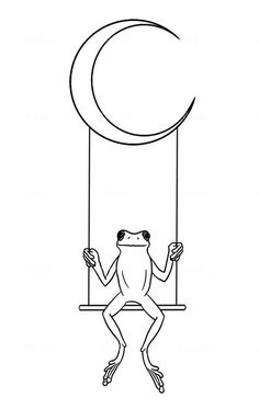 a frog sitting on a swing with the moon in the sky above it and its legs hanging