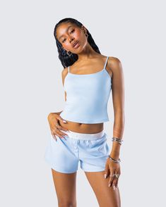 A little downtime is needed sometimes 💅 Look your best even on your casual days in this two-piece set featuring a blue cami tank top and a pair of blue boy shorts 💙 Light Blue Short Tops For Summer, Light Blue Short Summer Tops, Blue Cami Tank Top For Loungewear, Blue Tank Camisole For Loungewear, Blue Short Top For Summer, Casual Light Blue Tank Top With Spaghetti Straps, Blue Short Summer Top, Casual Light Blue Spaghetti Strap Tank Top, Summer Loungewear Tank Top In Short Length