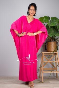 "New ! Hot Pink Maxi Dress, Petite kaftan, Evening Dress for small, Maternity dress, pre wedding dress, loose fit dress, fuchsia dress, summer caftan dress Petite to Small version : up to US 12 - UK 14 - EU 40 * Chest : up to 42\" * Waist : free up to 42\" * Hips : free up to 42\" * Length : 50.5\" from shoulder to hem MATERIAL  * ITY Polyester * No lining  Elegant Collection --> Produced by NUICHAN & Co   MODEL :  * Model chest : 32\", waist : 24\" hips : 35\"  * Combined Height is 5\"6 > I'm 5 Elegant Pink V-neck Kaftan, Long Pink Kaftan For Party, Pink Long Kaftan For Party, Elegant Pink Dress For Beach Cover-up, Elegant Pink Beach Cover-up Dress, Elegant Pink Kaftan For Beach Cover-up, Pink Long Maxi Dress For Beach Cover-up, Pink Maxi Kaftan For Parties, Pink V-neck Kaftan For Spring