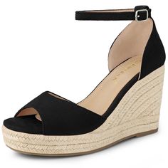 These espadrille wedges heel sandals have faux suede upper and wedge heels to add a touch of style to your everyday look. Perfect for going to work or going out. Pair with your favorite dress, skirts, or shoes for a chic look. Espadrille Wedges; Platform; Ankle Strap; Open Toe; Vamp: Faux Suede; Outsole: TPR; Heel: EVA; Heel Height: 3 7/8 inches; Platform Height: 1 inch. Size: 9. Color: black. Gender: female. Age Group: adult. Pattern: Solid. Strap Wedge, Wedge Heel Sandals, Open Toe Sandals, Toe Sandals, Sandals Black, Black 7, Heel Sandals, Wedge Heels, Faux Suede