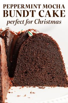 a slice of peppermint mocha bundt cake on a white plate with the rest of it cut in half