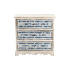 a blue and white chest of drawers with fish painted on the front, side view