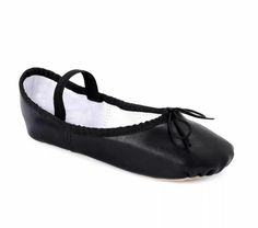 a pair of black leather ballet shoes with white soles and lace on the top