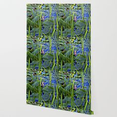 a wallpaper with green leaves and blue water lilies in the grass on a sunny day