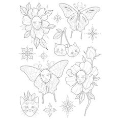 some flowers and cats are drawn in the shape of butterflies, moths, and sunflowers