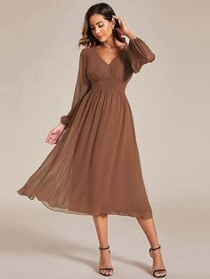 Chiffon V-Neck Long Sleeves Elastic Band Midi Wedding Guest Dress #color_Brown Fall Cocktail Dress, Midi Wedding Guest Dress, Wedding Guest Dresses Long, Cocktail Dress Wedding Guest, Mid Dress, Girly Dresses, Affordable Dresses, Stunning Outfits, Guest Dress