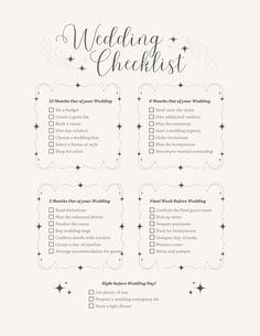 the wedding checklist is shown in black and white, with stars on it's side