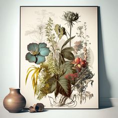 a painting on the wall next to a vase with flowers in it and other plants