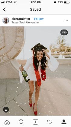 an instagram photo of a woman in her graduation cap and gown walking down the street