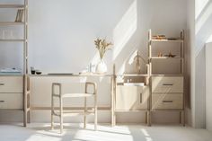 desk and bookcases in natural wood stain. Bookcases with cabinet and drawers in full sun Plywood Desk, Classic Mid Century Modern, Open Cabinets, Can Light, Mid Century Sideboard