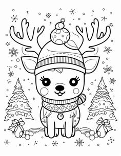 a cartoon deer wearing a hat and scarf in the snow with christmas trees behind it