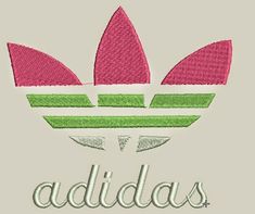 the adidas logo is shown on a gray background with green and pink trimmings