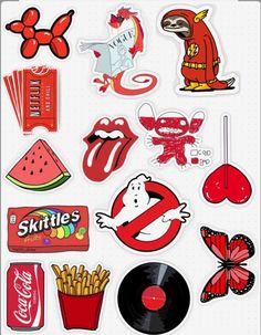 the rolling stones sticker sheet is shown with various items in red, white and black