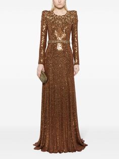 Luxury Long Sleeve Gold Gown, Luxury Gold Gown With Long Sleeves, Glamorous Long Sleeve Gold Gown, Glamorous Gold Long Sleeve Gown, Gold Long Sleeve Gown For Reception, Fall Wedding Embellished Evening Dress, Luxury Sequined Evening Dress, Gold Sequined Long Sleeve Gown, Gold Long Sleeve Sequined Gown