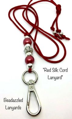 red silk cord lanyard with beaded pendants and silver plated metal scissors