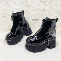 Ashes 100 Black Patent 3.5" Platform Heel Combat Goth Punk Boot DEMONIA - Totally Wicked Footwear Punk Boots, D Rings, Goth Punk, Platform Ankle Boots, Platform Heel, Wedge Boots, Chunky Heel, Silver Studs, Platform Heels